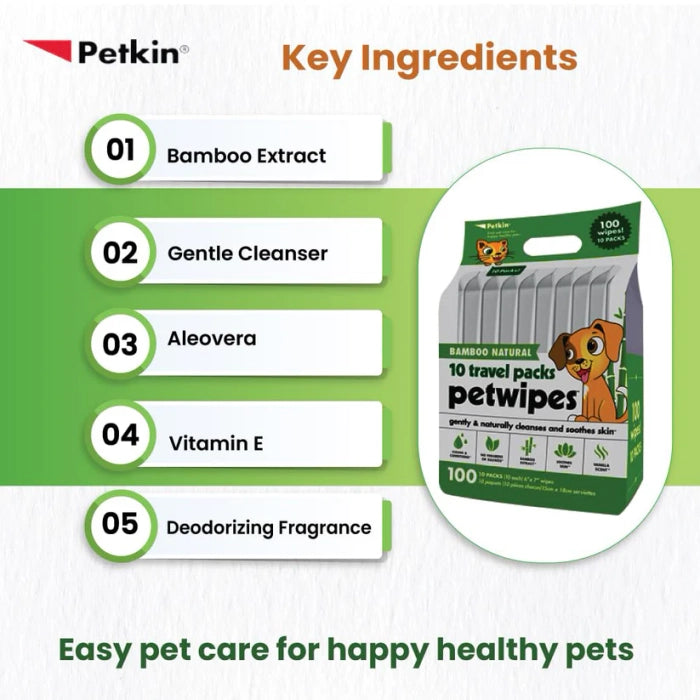 Petkin Bamboo Natural Travel Pack Wipes for Cats and Dogs