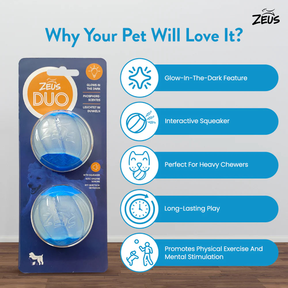 Zeus Duo Ball With Squeaker & Glow 2PK