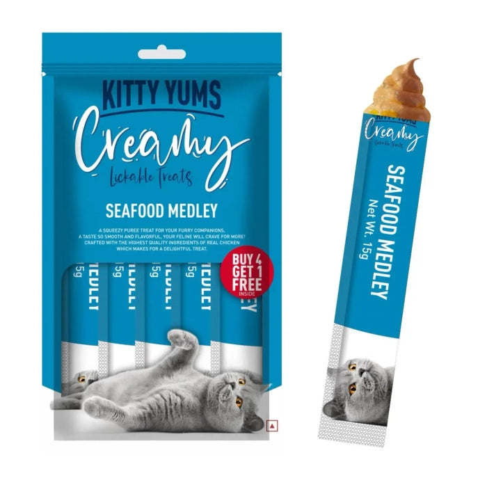 Kitty Yums- Creamy Lickable Cat Treat Seafood Medely Flavour (5 Sticks, 75g) Pack