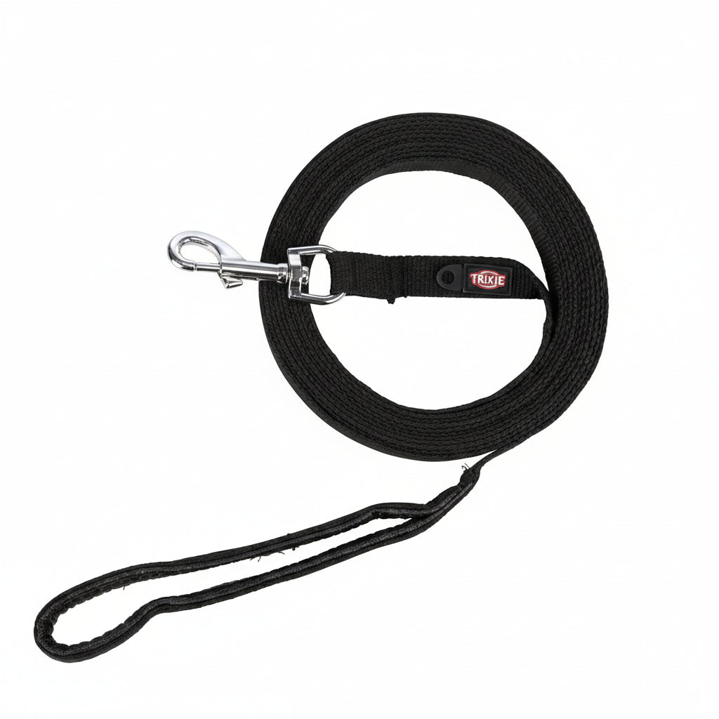 A black flat strap tracking leash for dogs with a padded hand loop and a metal buckle.