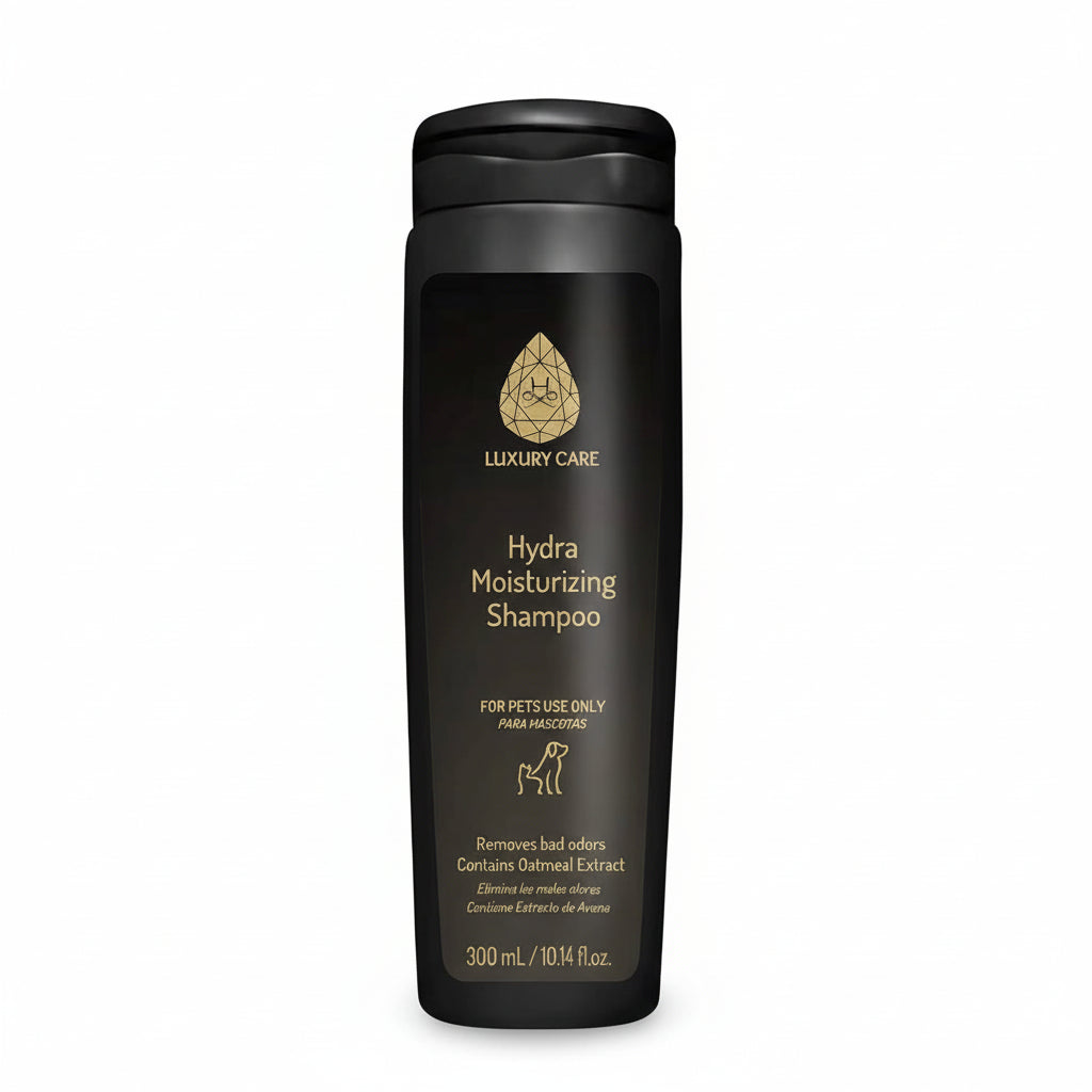 A black tube of LUXURY CARE Hydra Moisturizing Shampoo for pets, with text and logo on the label.