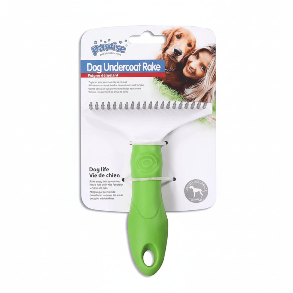 A Pawise brand dog rake with metal bristles, a green rubber handle, and packaging displaying the product and a dog.