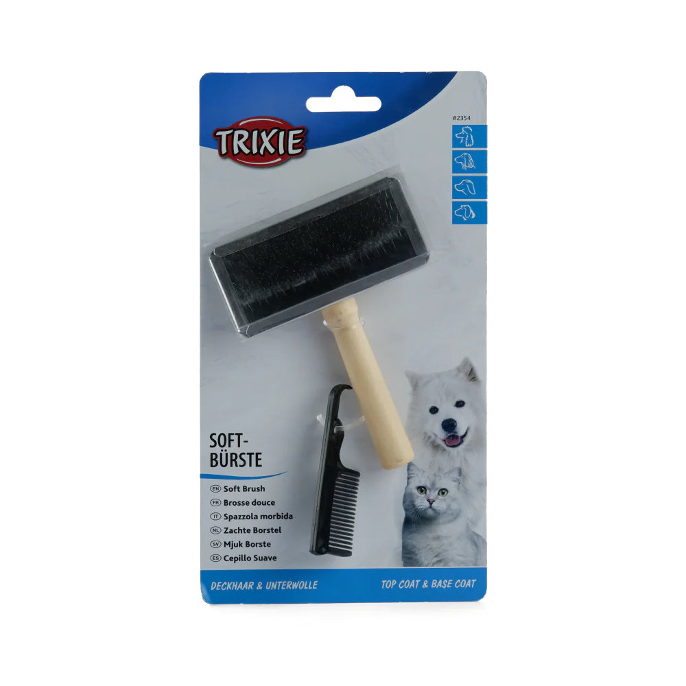 Trixie- Slicker Wooden Brush with Brush Cleaner for Dogs and Cats