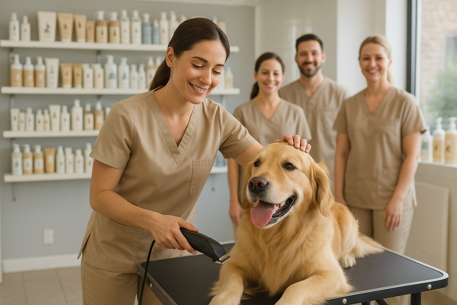 A pet groomer working carefully with a dog or cat
Shelves of clean, neatly arranged pet care products
A smiling pet shop or vet team in a hygienic environment
Goal:
Communicate quality, durability, and emotional connection with the pet owner.