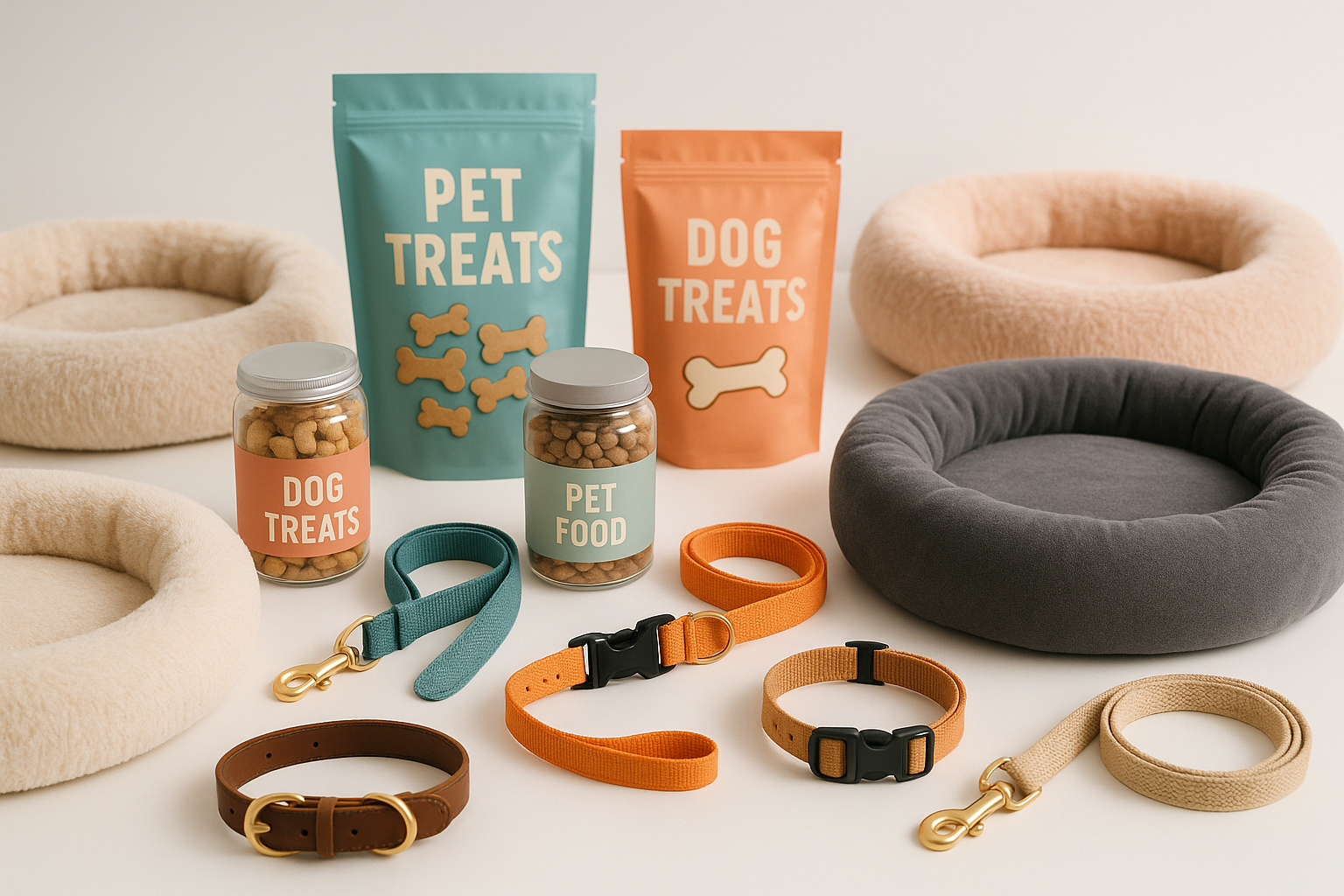 A variety of pet products neatly displayed (beds, collars, treats)

A dog or cat interacting with your products

A clean workspace or design area with pet items