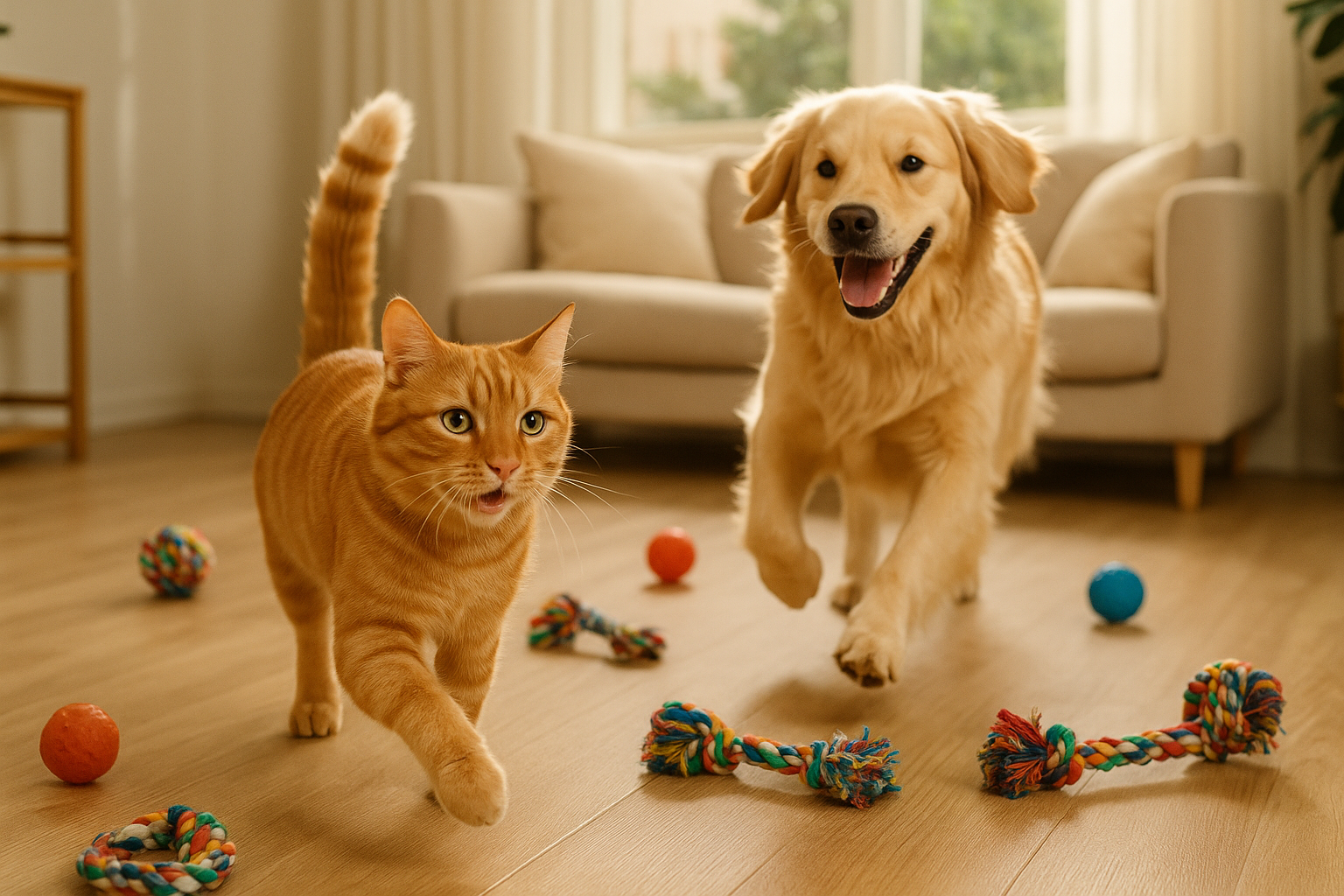 add a cat also chasing by the dog