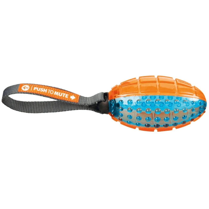 Trixie- Push to Mute Rubber Rugby Ball on Rope Toy for Dogs