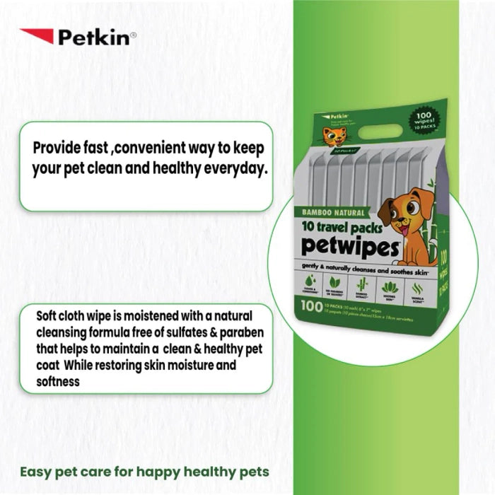 Petkin- Bamboo Natural Travel Pack Wipes for Cats and Dogs 100 pcs