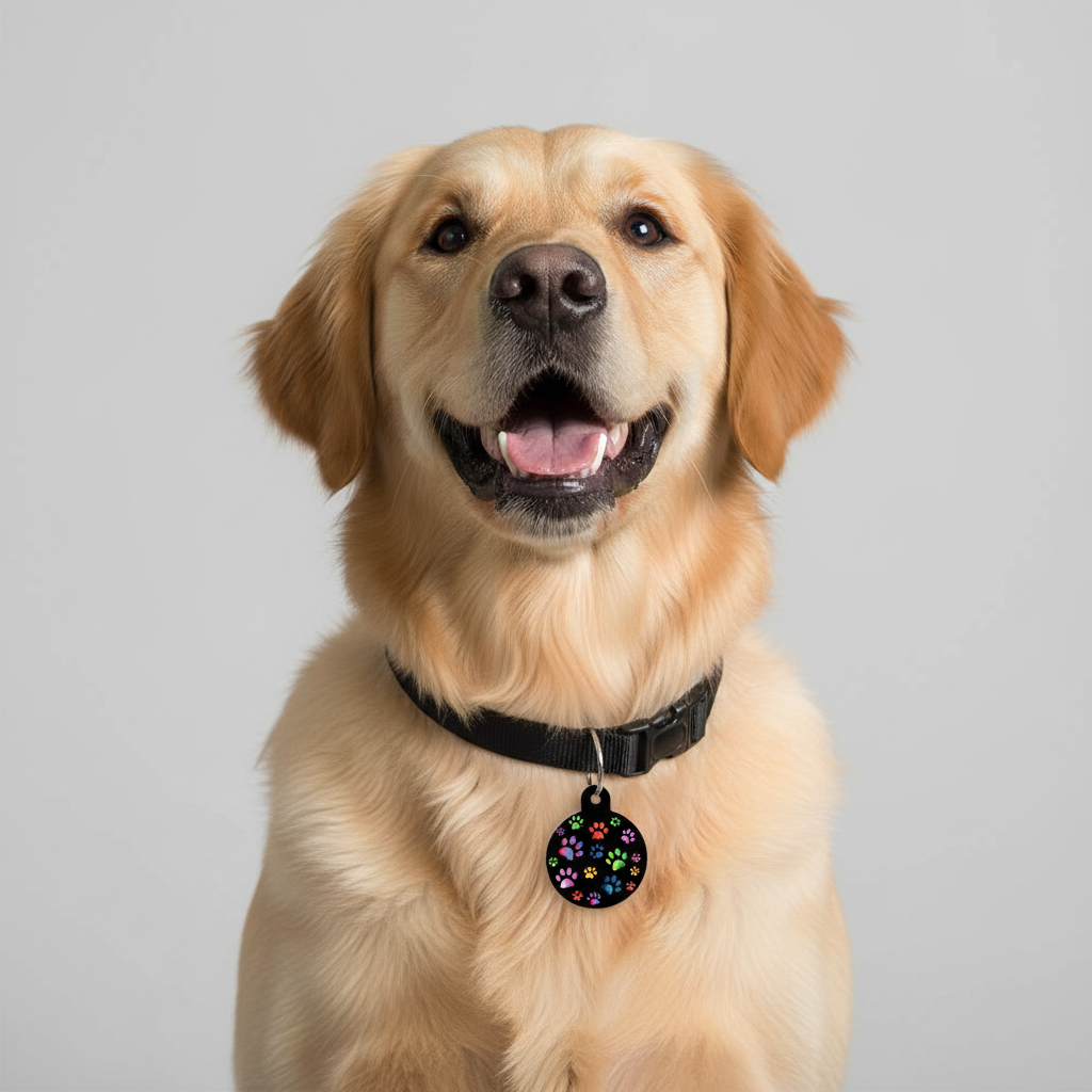 Quick Tag Circle Black Multi-Paws Name Tag
