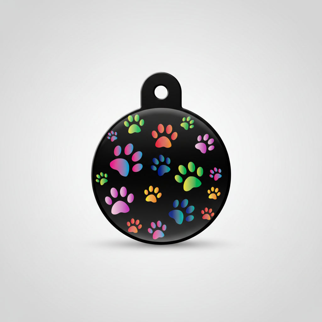 Quick Tag Circle Black Multi-Paws Name Tag